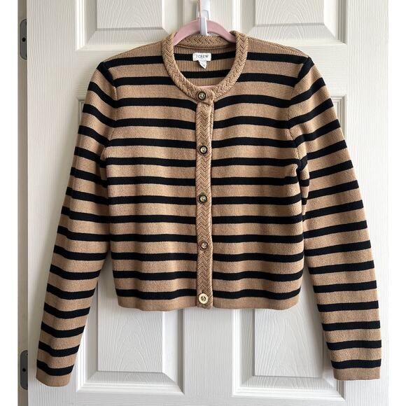 J. CREW Women's 2024 Lady Camel Black Striped Knit Cardigan Sweater Jacket Sz S - Picture 2 of 12